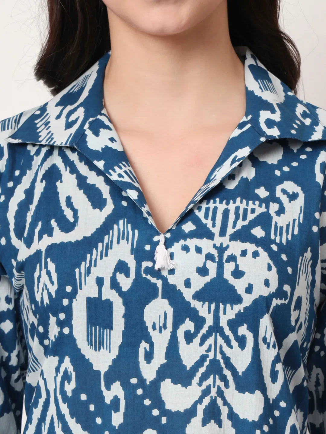 Yufta Blue Ikat Pure Cotton High Low Cord Set - Swadesiicart