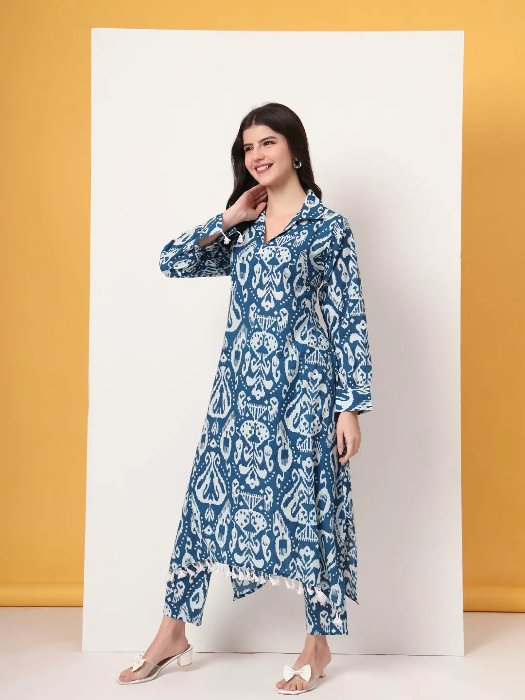 Yufta Blue Ikat Pure Cotton High Low Cord Set - Swadesiicart
