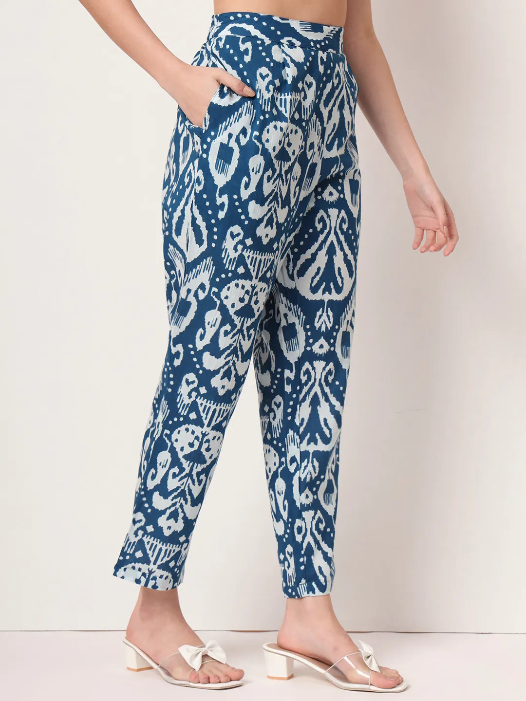 Yufta Blue Ikat Pure Cotton High Low Cord Set - Swadesiicart