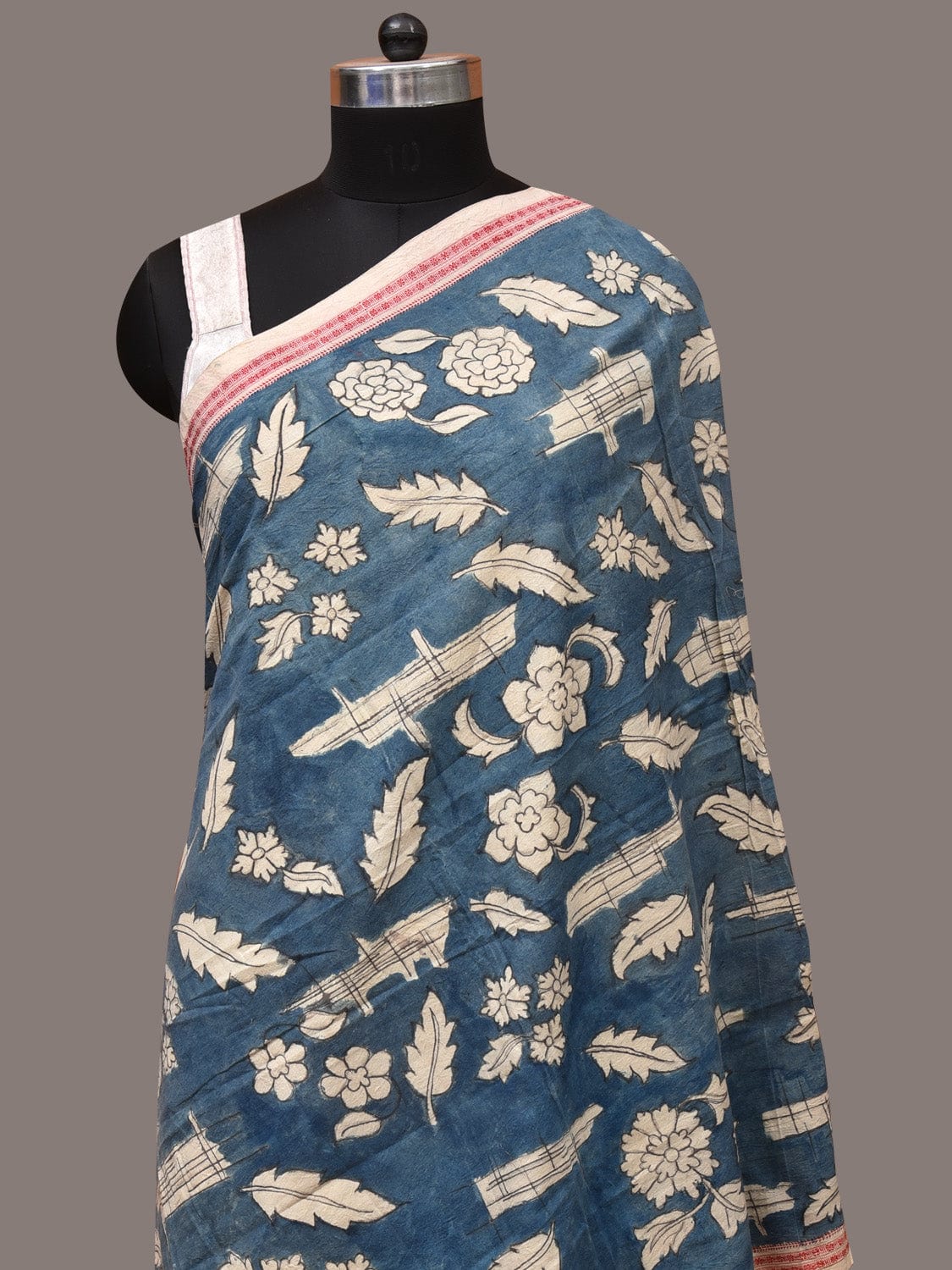 Blue Kalamkari Hand Painted Cotton Handloom Dupatta with Leaves and Doby Border Design - Global Threads | Swadesiicart