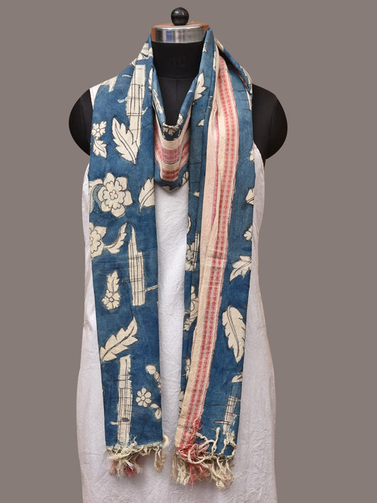Blue Kalamkari Hand Painted Cotton Handloom Dupatta with Leaves and Doby Border Design - Global Threads | Swadesiicart