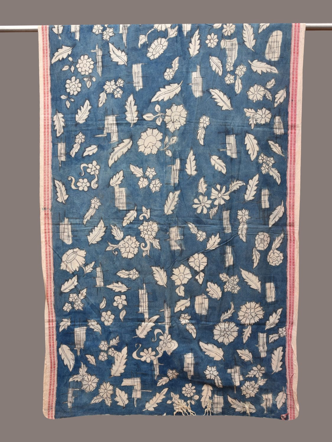 Blue Kalamkari Hand Painted Cotton Handloom Dupatta with Leaves and Doby Border Design - Global Threads | Swadesiicart