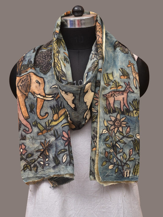 Blue Kalamkari Hand Painted Sico Stole with Animals Design - Global Threads | Swadesiicart