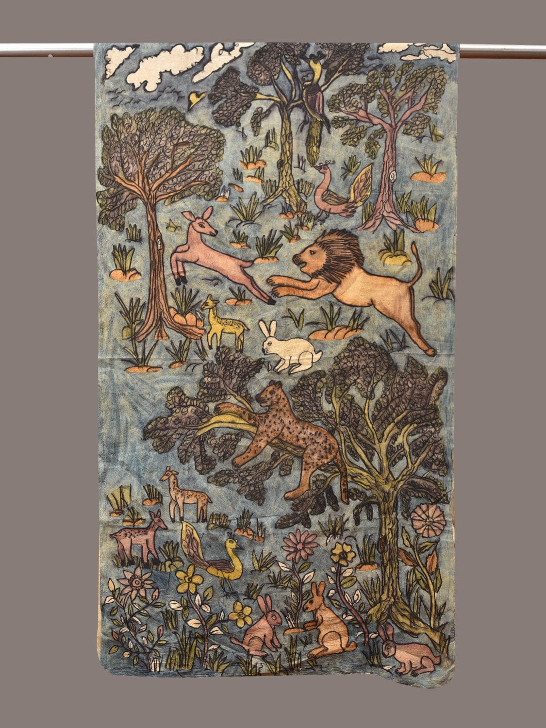 Blue Kalamkari Hand Painted Sico Stole with Animals Design - Global Threads | Swadesiicart