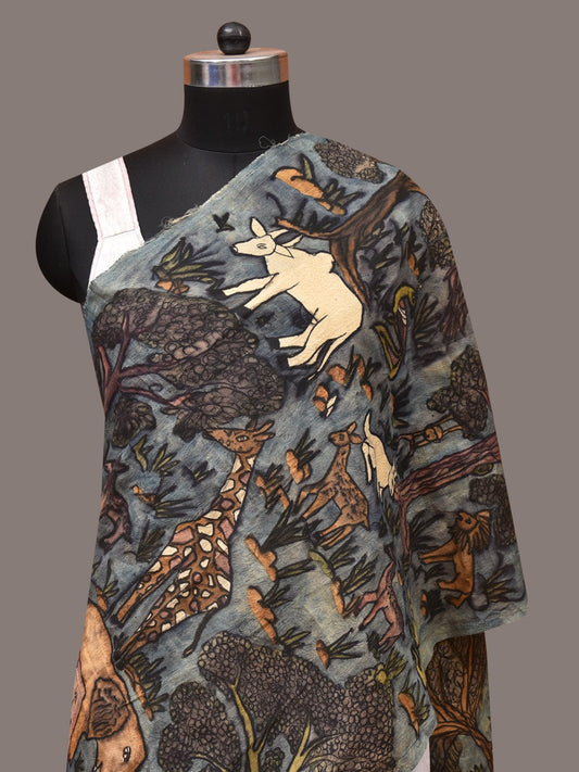 Blue Kalamkari Hand Painted Sico Stole with Animals Design - Global Threads | Swadesiicart