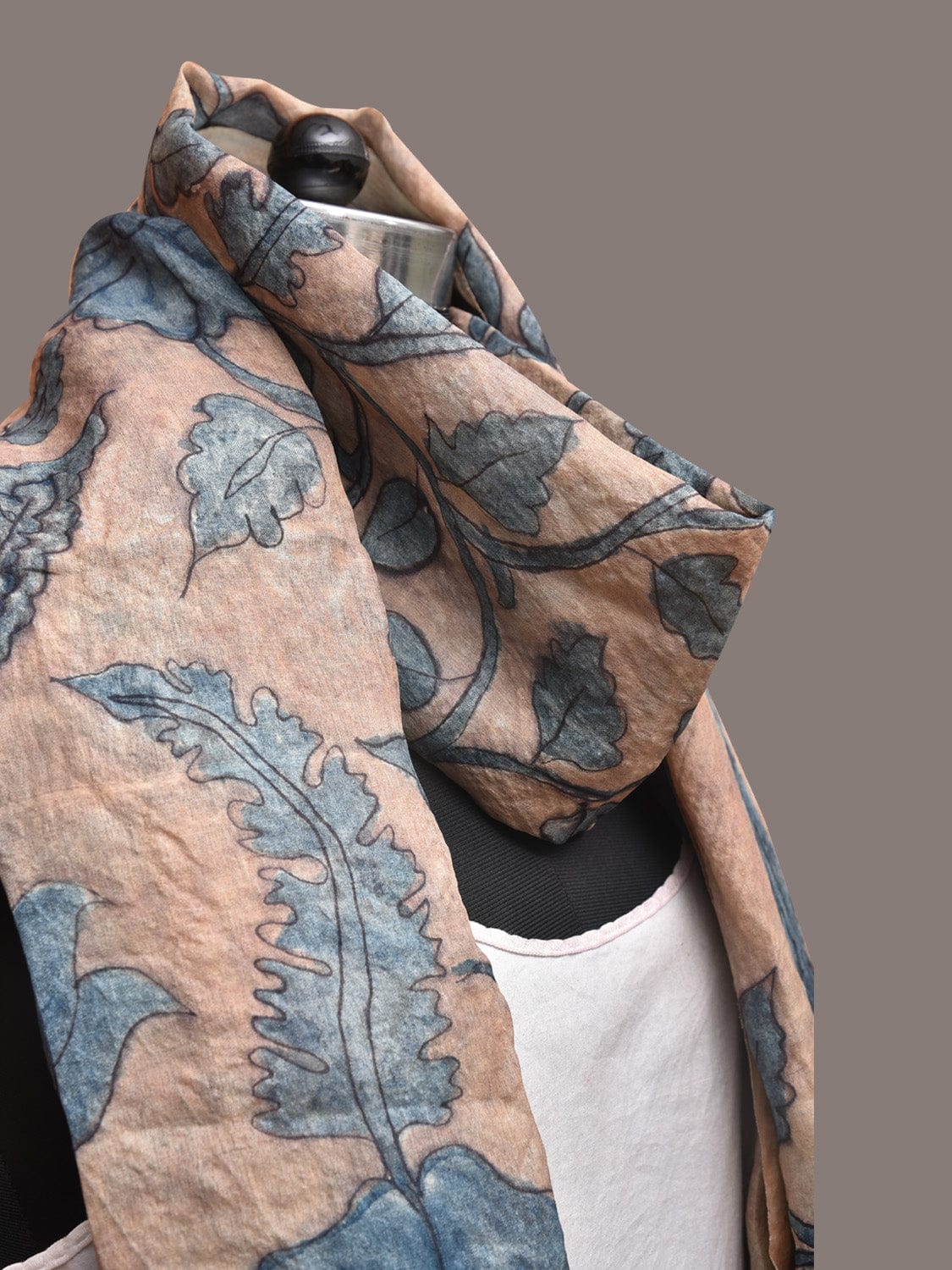 Blue Kalamkari Hand Painted Tussar Dupatta with Floral Design - Global Threads | Swadesiicart