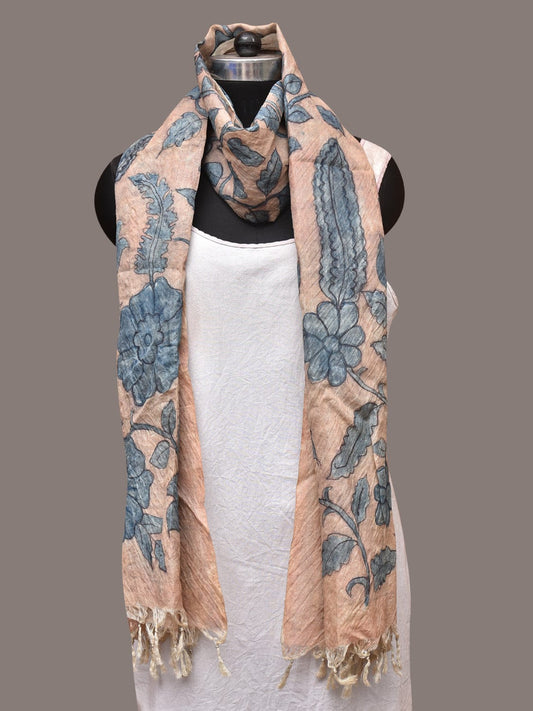 Blue Kalamkari Hand Painted Tussar Dupatta with Floral Design - Global Threads | Swadesiicart