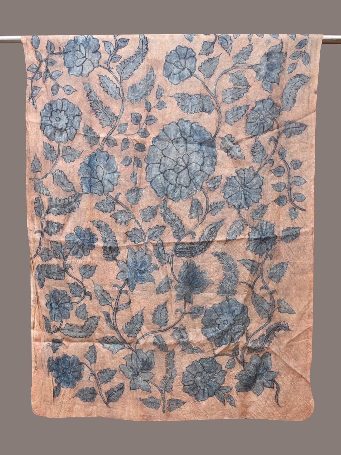 Blue Kalamkari Hand Painted Tussar Dupatta with Floral Design - Global Threads | Swadesiicart