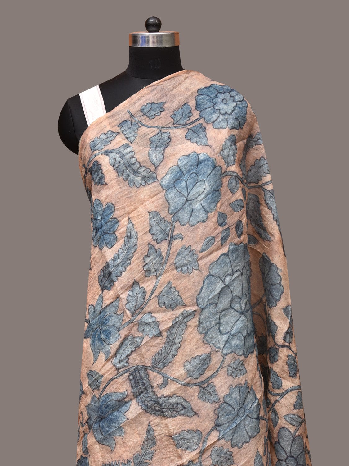 Blue Kalamkari Hand Painted Tussar Dupatta with Floral Design - Global Threads | Swadesiicart