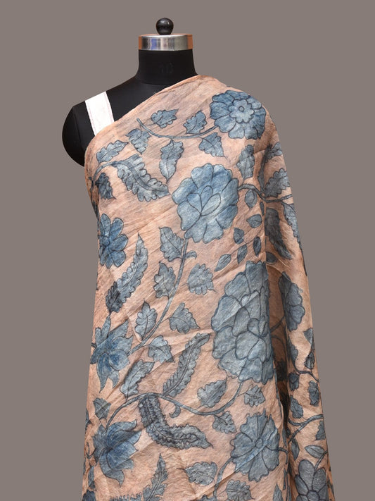 Blue Kalamkari Hand Painted Tussar Dupatta with Floral Design - Global Threads | Swadesiicart
