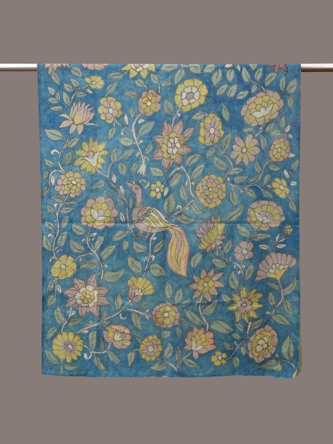 Blue Kalamkari Hand Painted Woolen Handloom Dupatta with Floral and Peacock Design - Global Threads | Swadesiicart