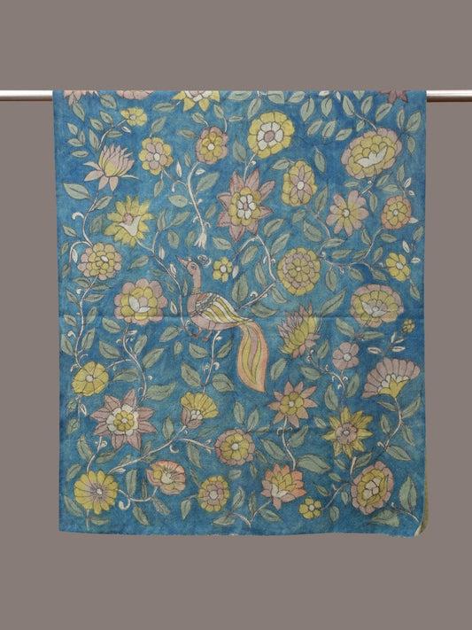 Blue Kalamkari Hand Painted Woolen Handloom Dupatta with Floral and Peacock Design - Global Threads | Swadesiicart