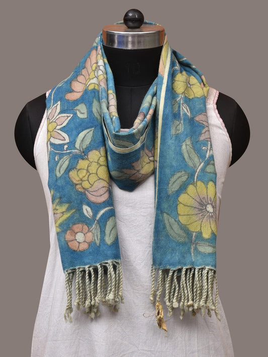 Blue Kalamkari Hand Painted Woolen Handloom Dupatta with Floral and Peacock Design - Global Threads | Swadesiicart