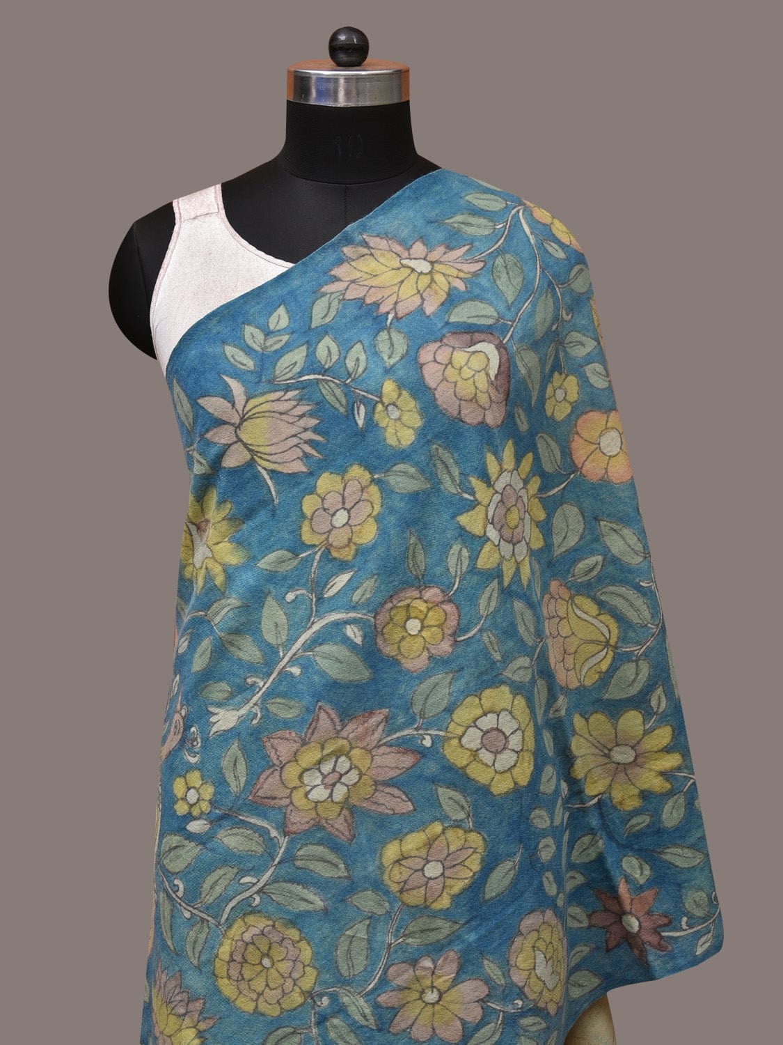Blue Kalamkari Hand Painted Woolen Handloom Dupatta with Floral and Peacock Design - Global Threads | Swadesiicart