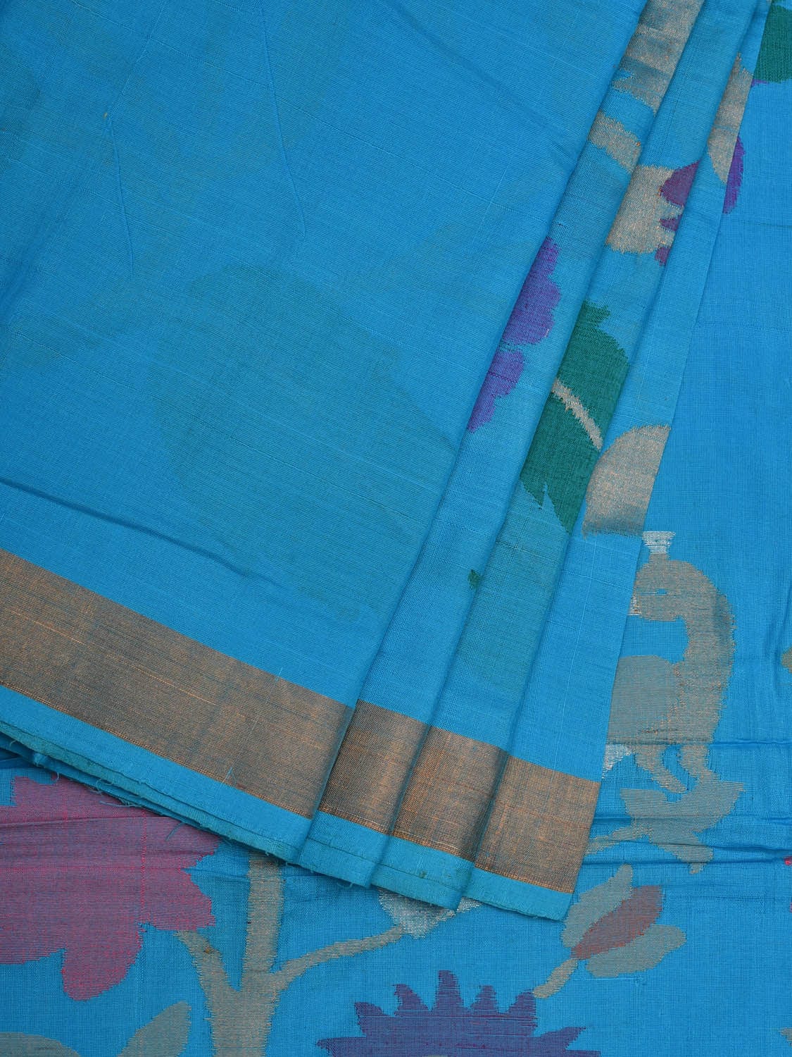 Blue Khadi Cotton Handloom Saree with Pallu and Border Design - Global Threads | Swadesiicart