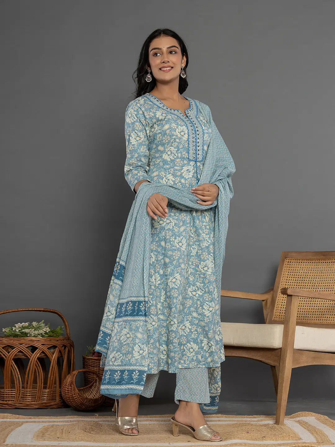 Yufta Blue Mirror_Work Cotton Anarkali Kurta Duppta Set - Swadesiicart