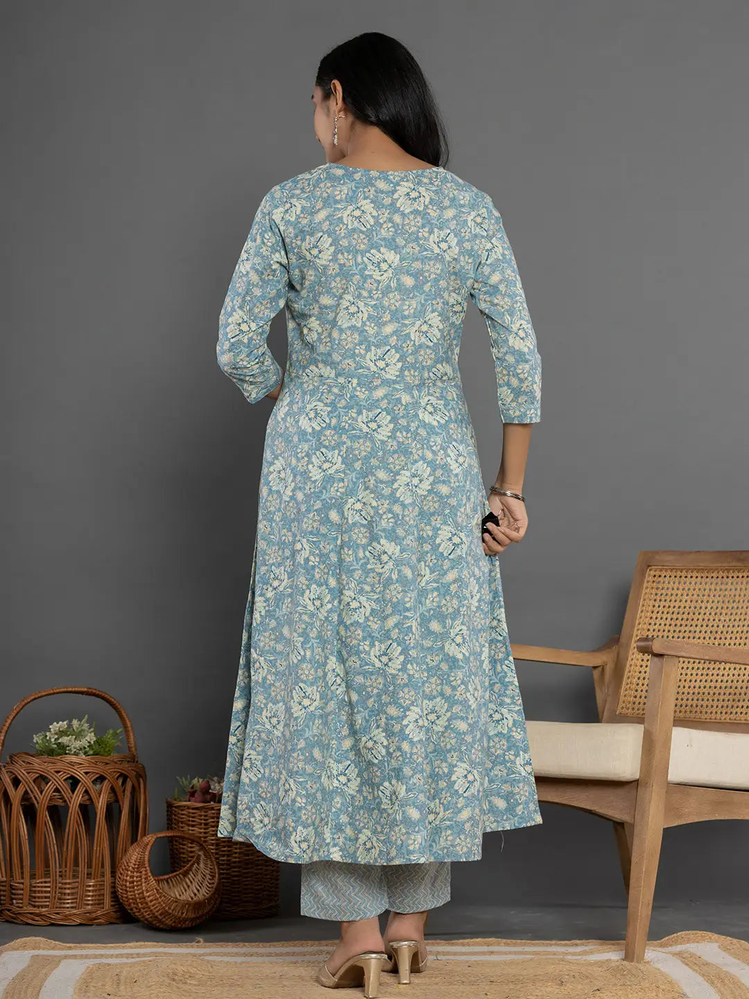 Yufta Blue Mirror_Work Cotton Anarkali Kurta Duppta Set - Swadesiicart