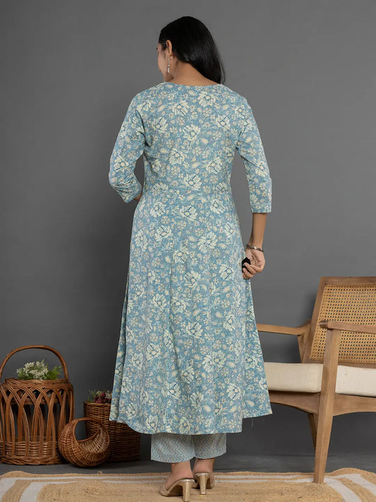 Yufta Blue Mirror_Work Cotton Anarkali Kurta Duppta Set - Swadesiicart