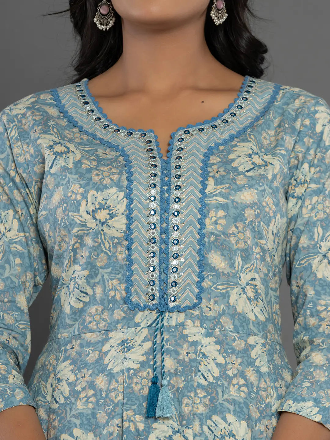 Yufta Blue Mirror_Work Cotton Anarkali Kurta Duppta Set - Swadesiicart