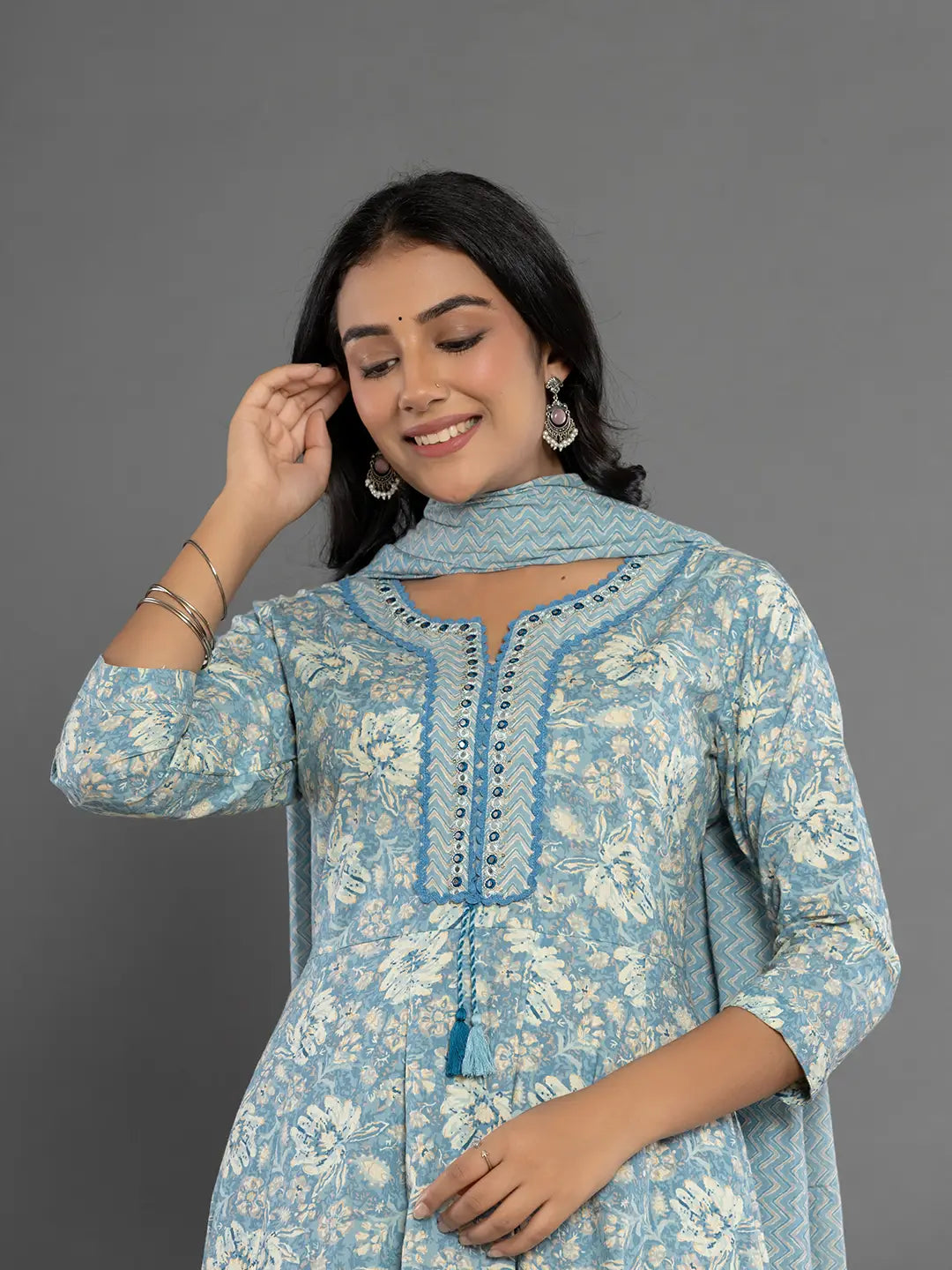 Yufta Blue Mirror_Work Cotton Anarkali Kurta Duppta Set - Swadesiicart