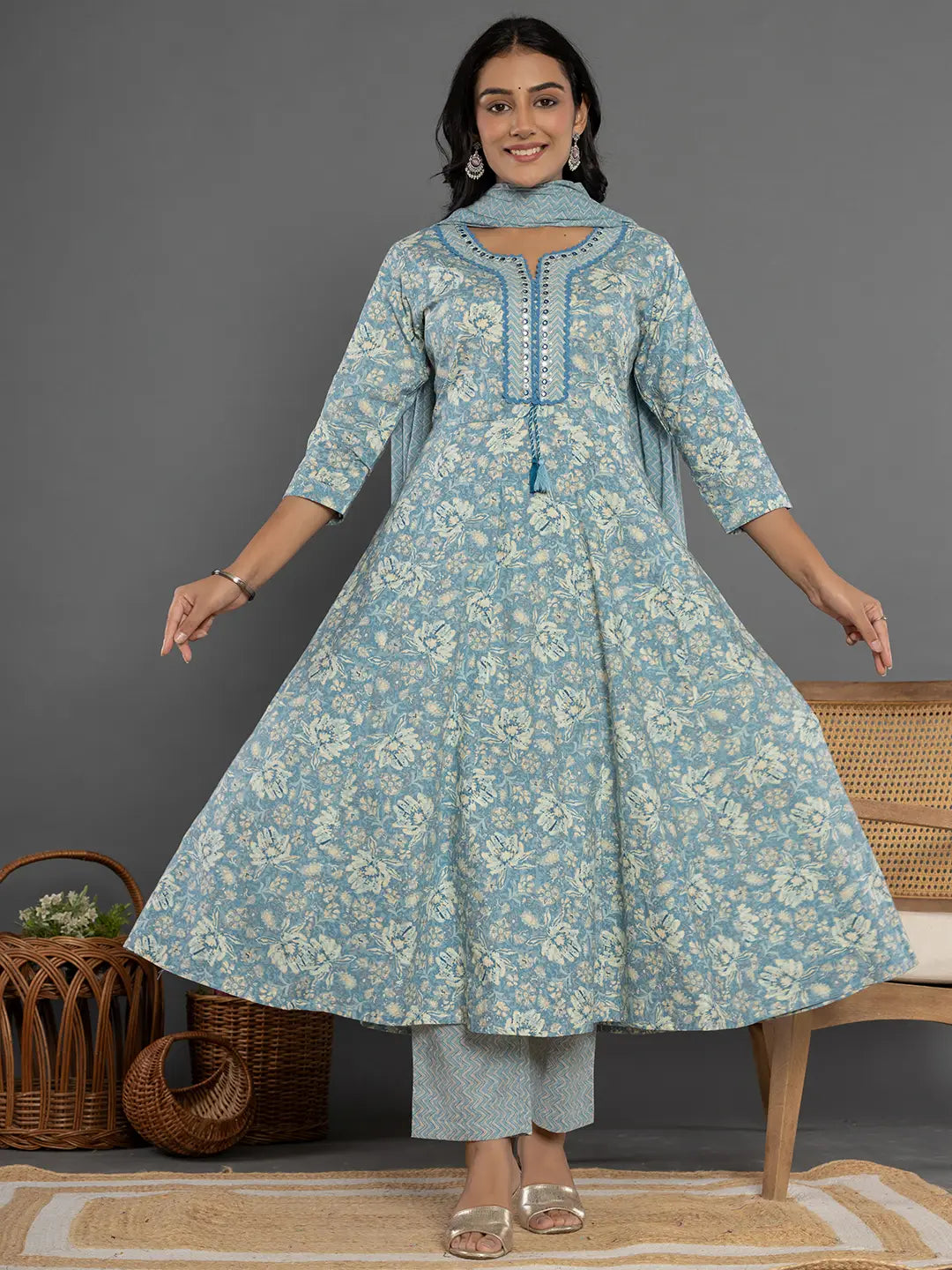 Yufta Blue Mirror_Work Cotton Anarkali Kurta Duppta Set - Swadesiicart