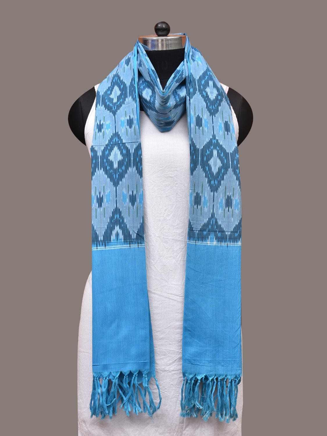 Blue Pochamaplly Ikat Cotton Handloom Dupatta with Grill Design - Global Threads | Swadesiicart