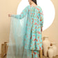Yufta Blue Printed Silk Embroidered Kurta Dupatta Set