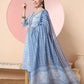 Yufta Blue Pure Cotton Embroidered Kurta Set With Pant & Dupatta