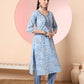 Yufta Blue Pure Cotton Embroidered Kurta Set With Pant & Dupatta