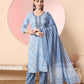 Yufta Blue Pure Cotton Embroidered Kurta Set With Pant & Dupatta