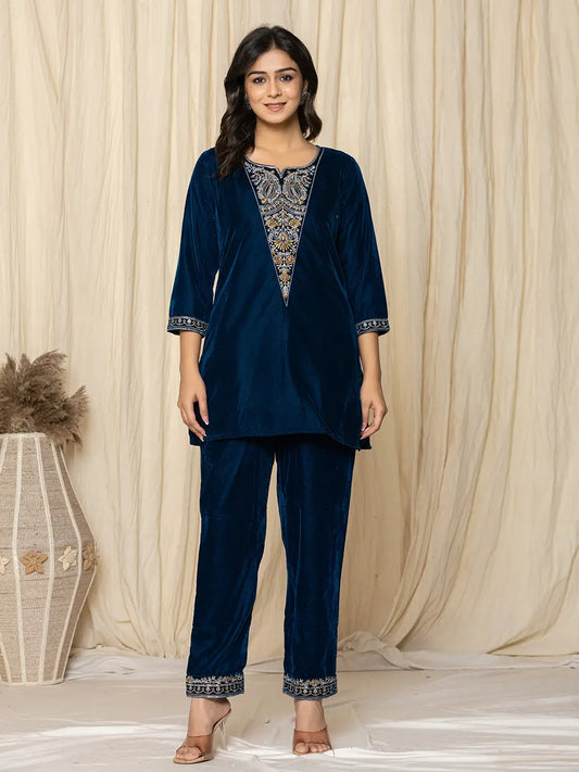 Yufta Blue Velvet Embroidered Co-Ord Set - Swadesiicart
