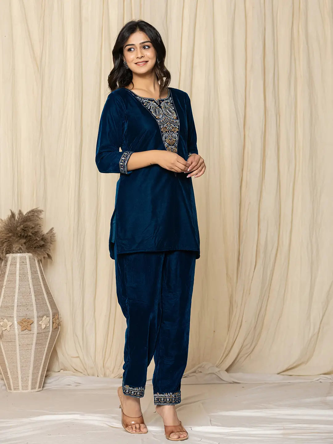 Yufta Blue Velvet Embroidered Co-Ord Set - Swadesiicart