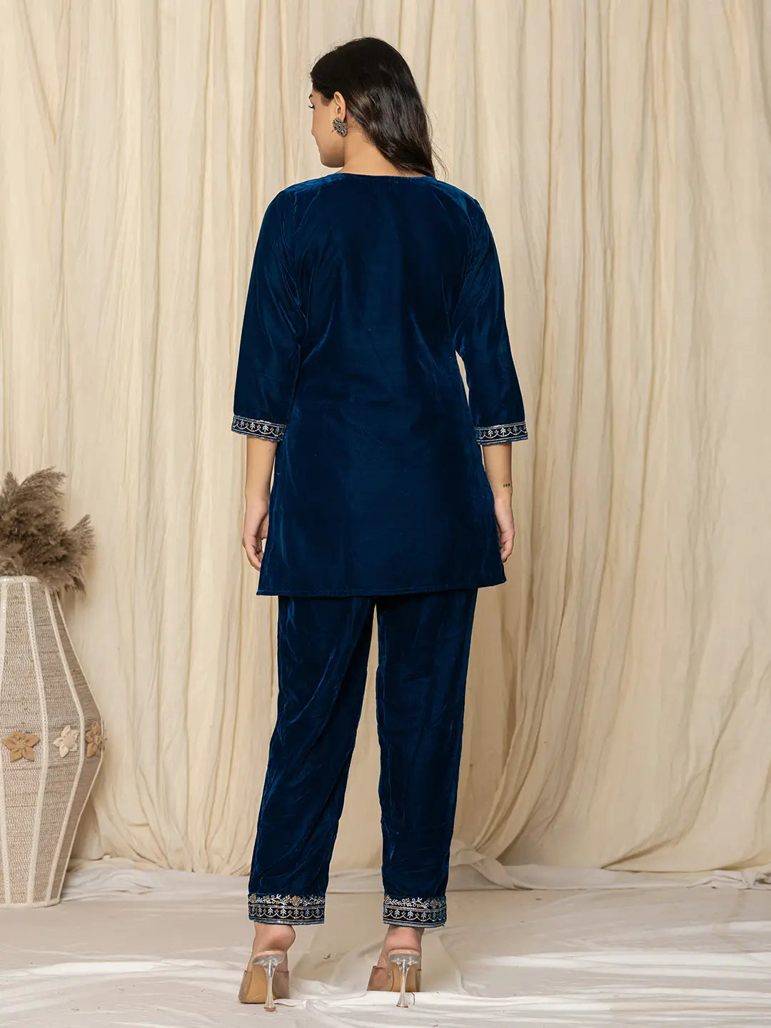 Yufta Blue Velvet Embroidered Co-Ord Set - Swadesiicart