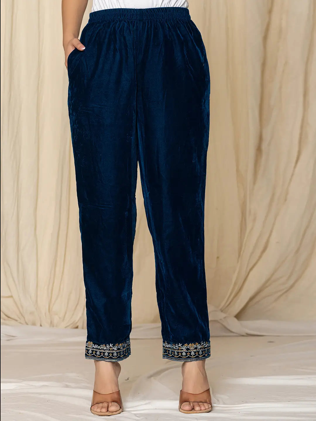 Yufta Blue Velvet Embroidered Co-Ord Set - Swadesiicart
