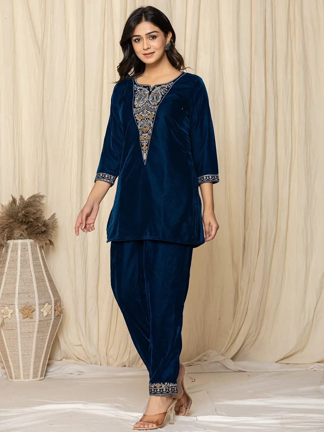 Yufta Blue Velvet Embroidered Co-Ord Set - Swadesiicart
