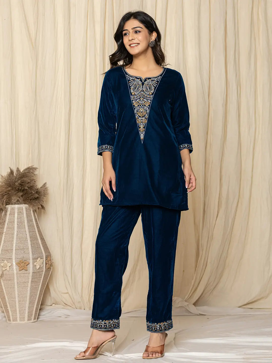 Yufta Blue Velvet Embroidered Co-Ord Set - Swadesiicart