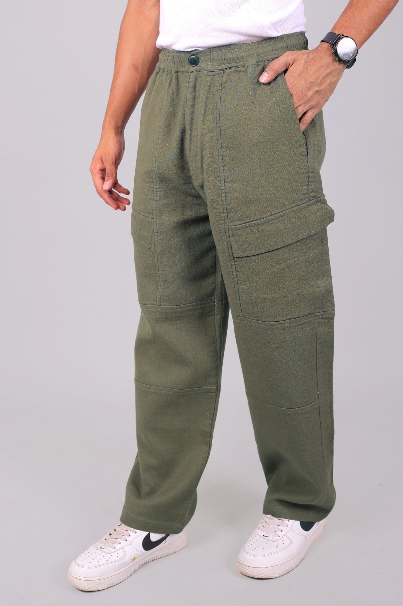 Bluebird Men's Slim Fit Cotton Cargo Pant Army Green | Swadesiicart