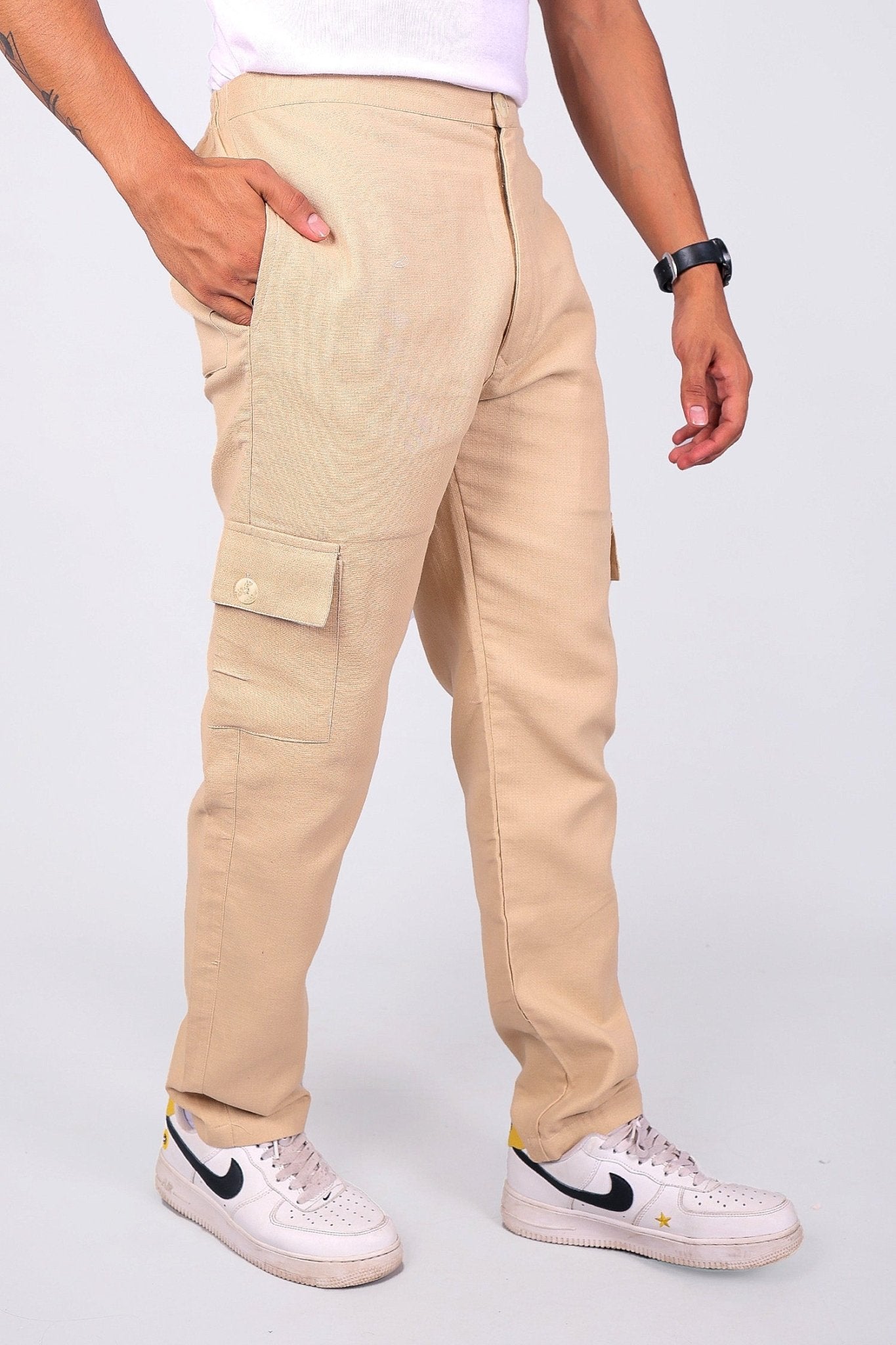 Bluebird Men's Slim Fit Cotton Cargo Pant Beige | Swadesiicart