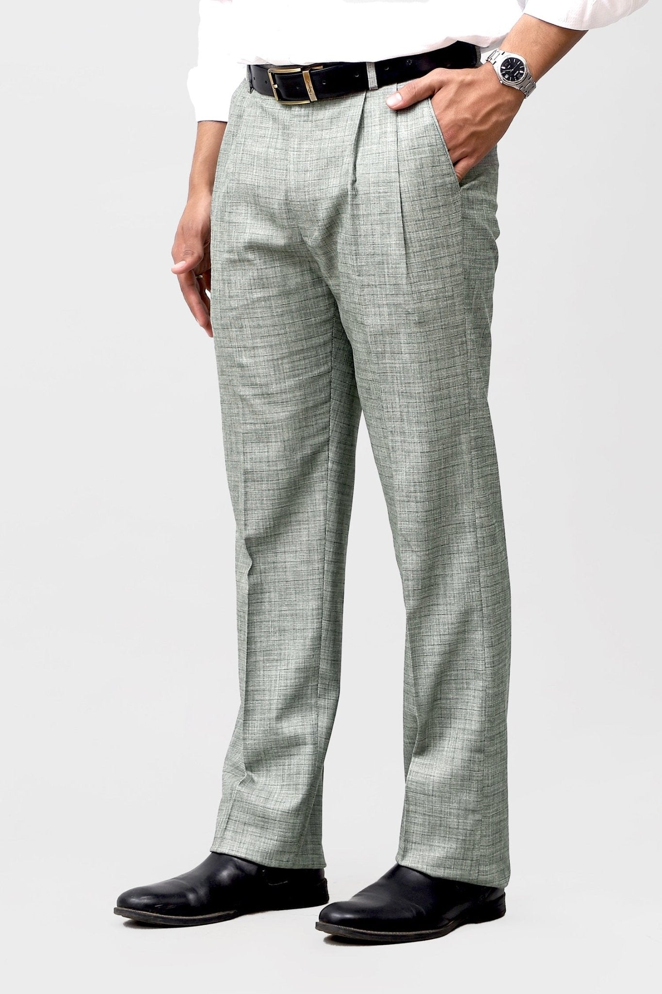 Bluebird Premium Light Grey Check Pleated Trouser | Swadesiicart