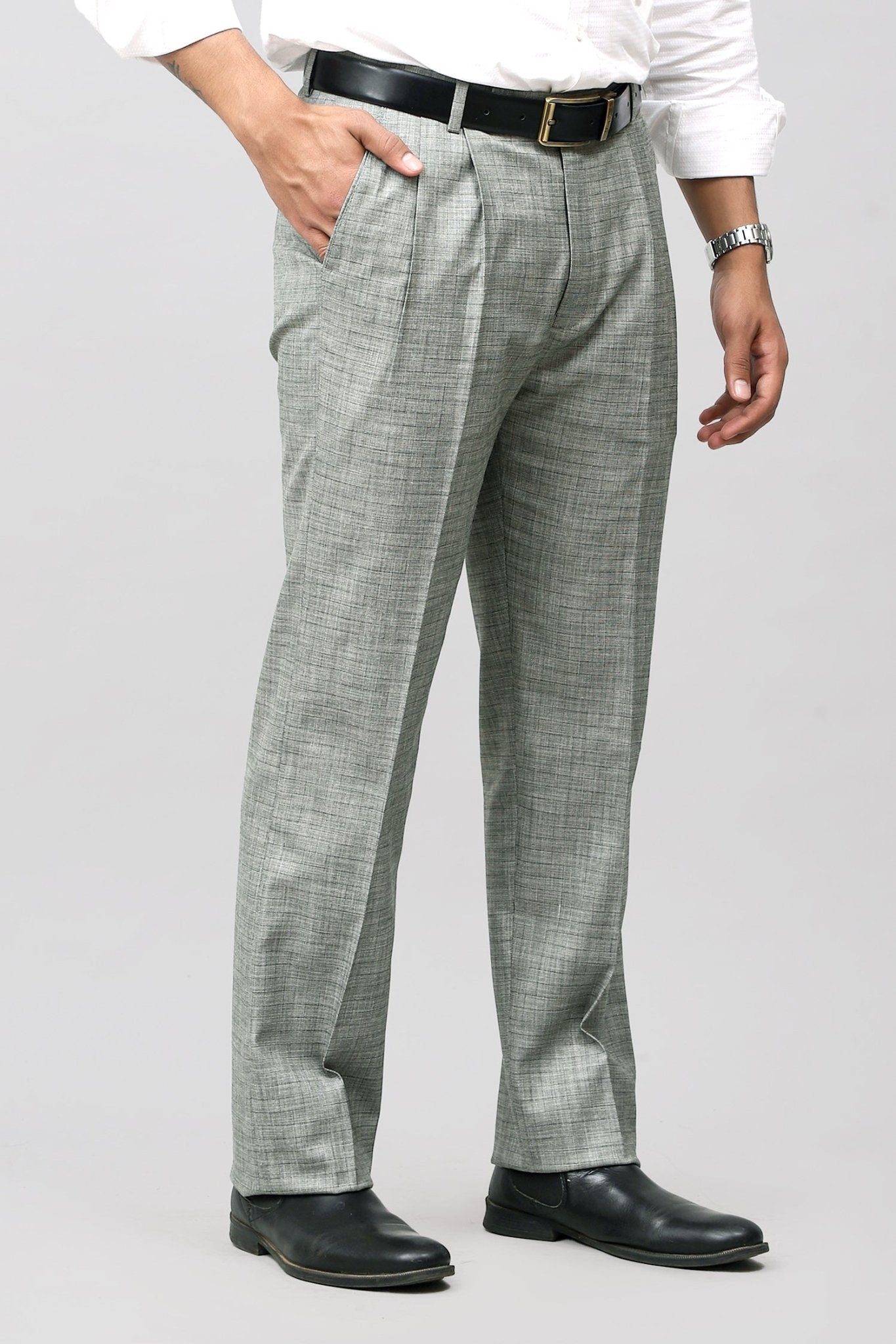 Bluebird Premium Light Grey Check Pleated Trouser | Swadesiicart