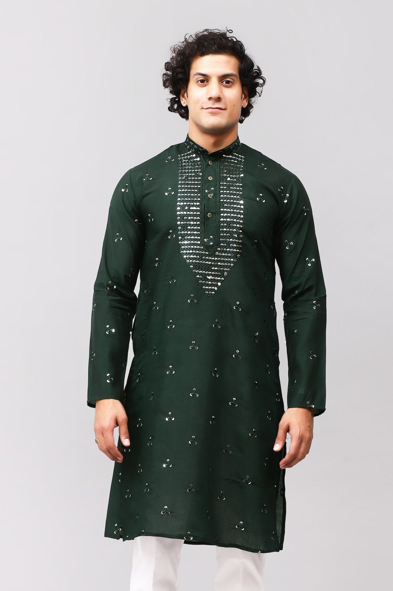 Bluesaanchi Men's Dark Green Kurta Set with Embroidery Motif | Swadesiicart