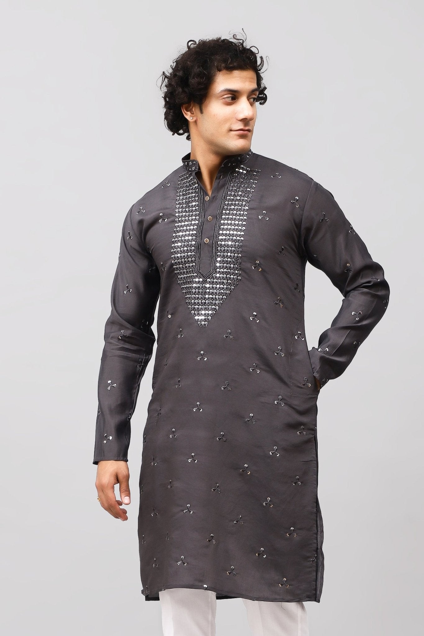 Bluesaanchi Men's Dark Grey Kurta Set with Embroidery Motif | Swadesiicart