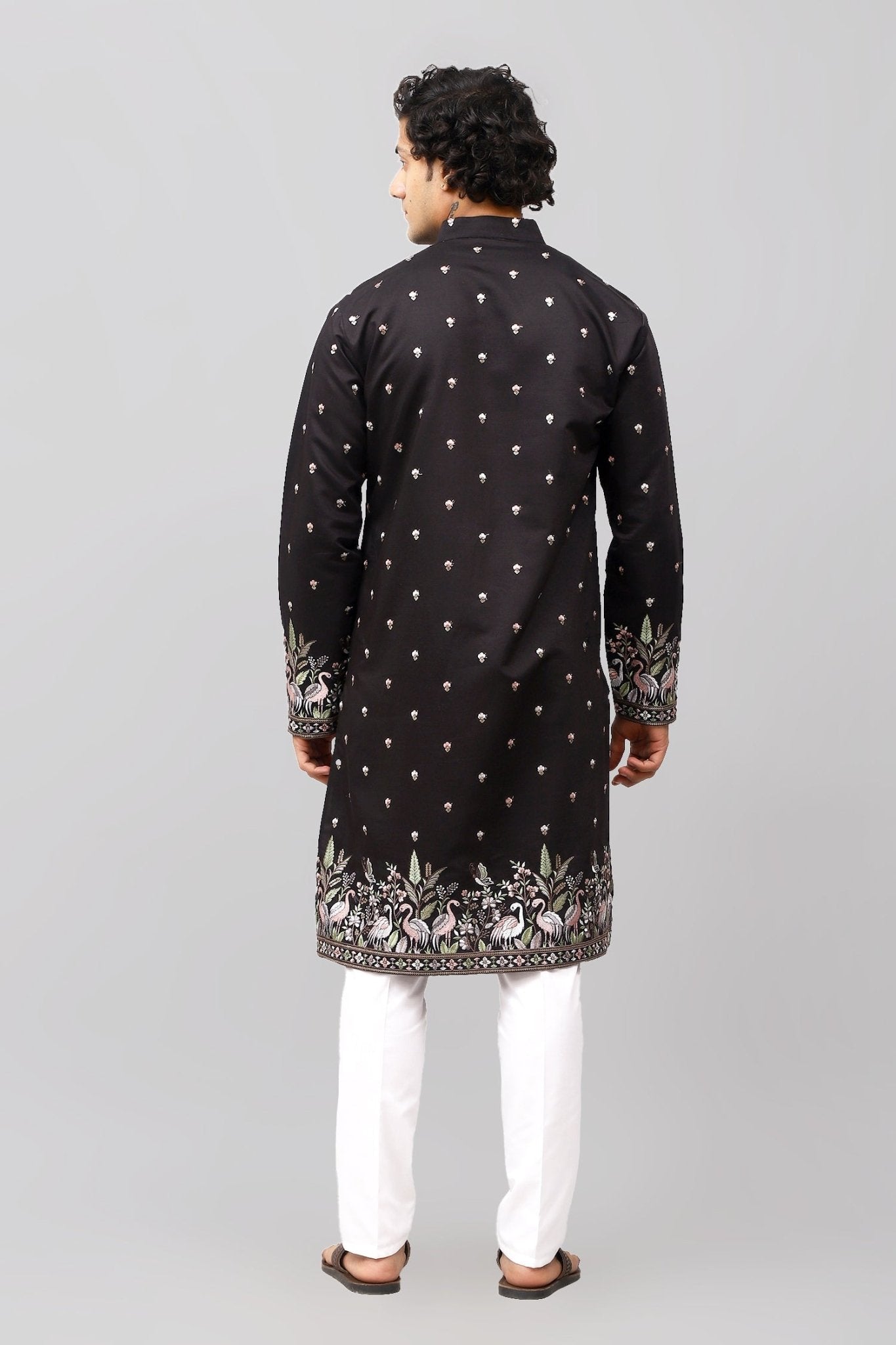 Bluesaanchi Phulkari Floral and Sequins Embroidered Kurta Set for Men Black Color | Swadesiicart