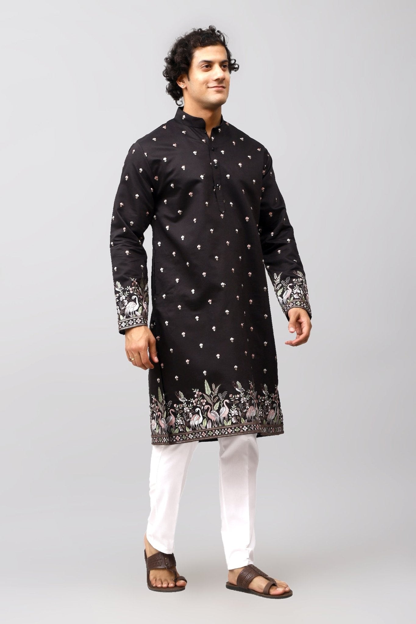 Bluesaanchi Phulkari Floral and Sequins Embroidered Kurta Set for Men Black Color | Swadesiicart