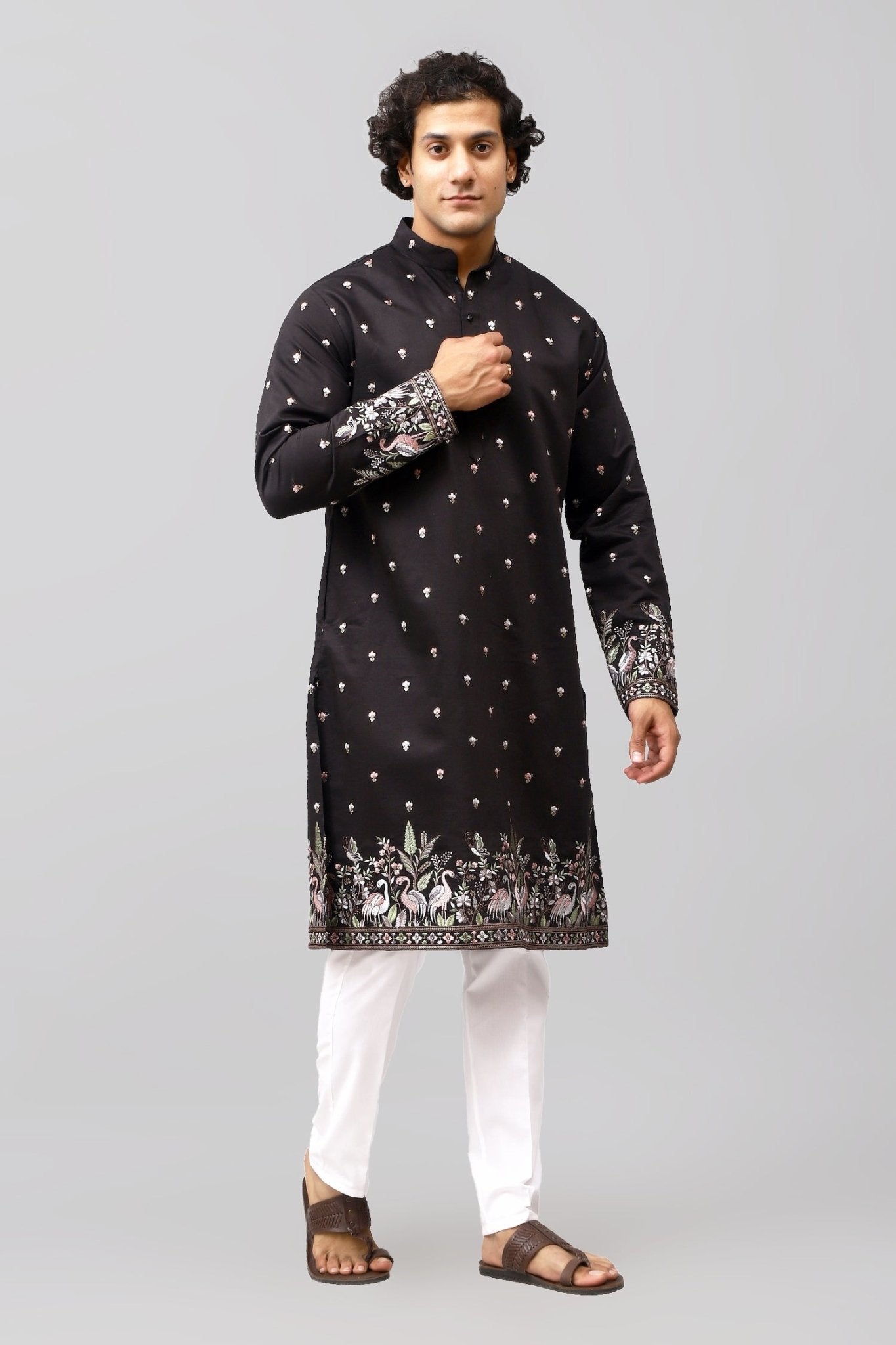Bluesaanchi Phulkari Floral and Sequins Embroidered Kurta Set for Men Black Color | Swadesiicart