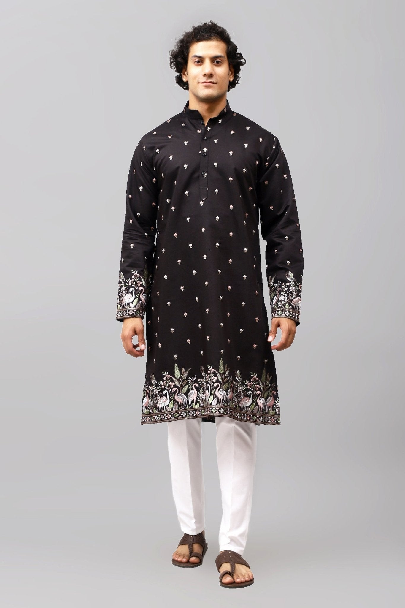 Bluesaanchi Phulkari Floral and Sequins Embroidered Kurta Set for Men Black Color | Swadesiicart