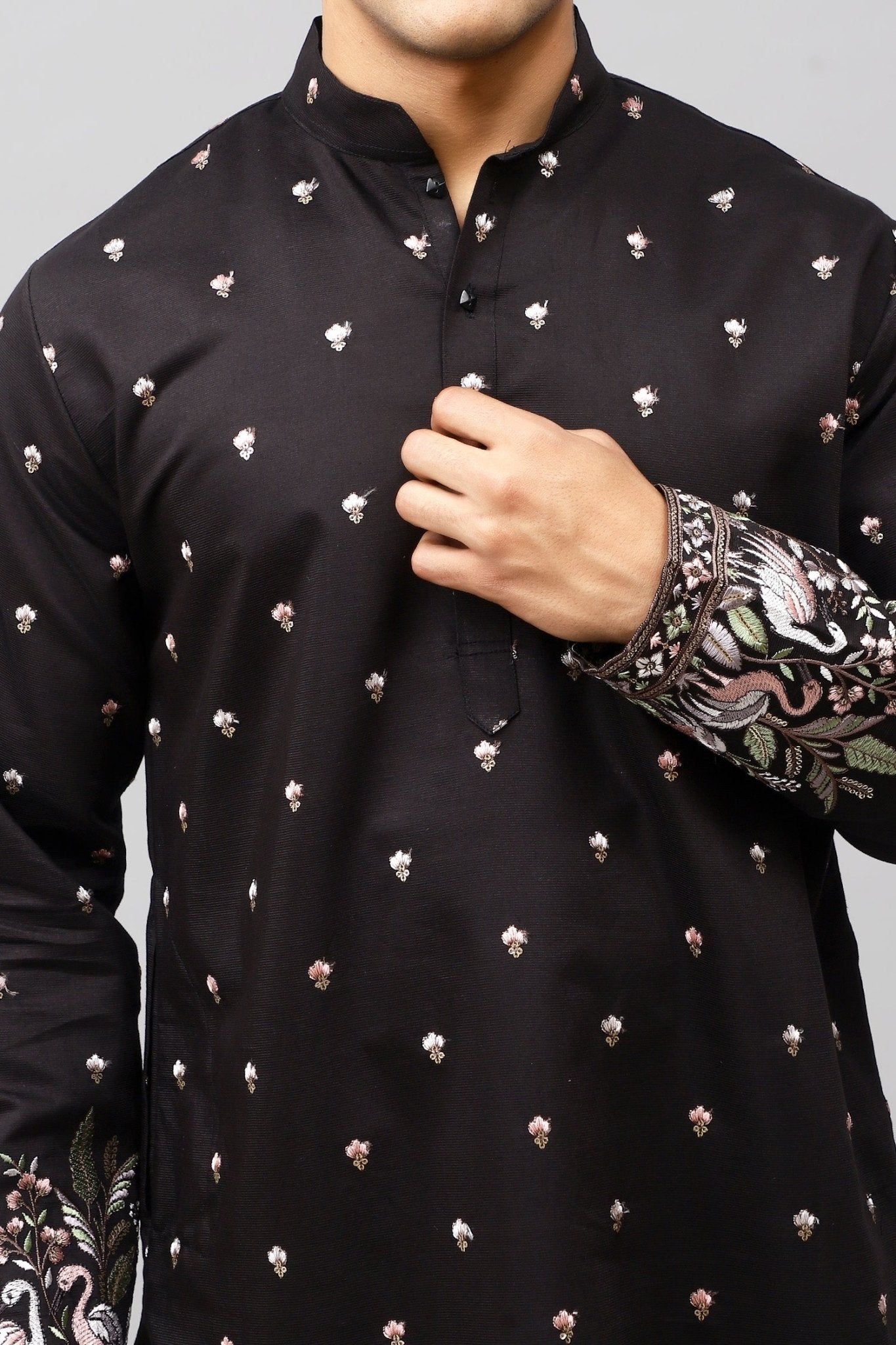 Bluesaanchi Phulkari Floral and Sequins Embroidered Kurta Set for Men Black Color | Swadesiicart
