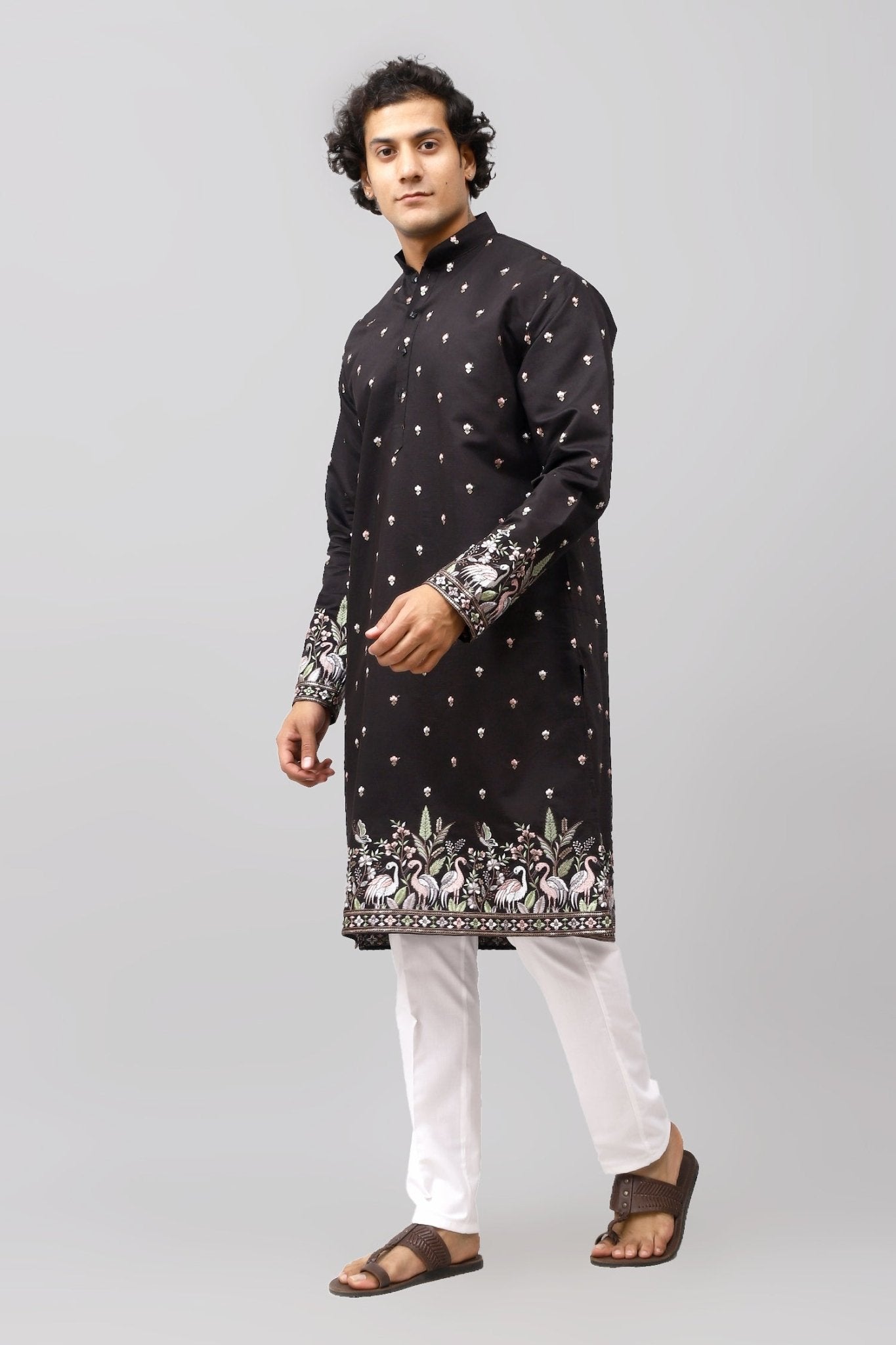 Bluesaanchi Phulkari Floral and Sequins Embroidered Kurta Set for Men Black Color | Swadesiicart