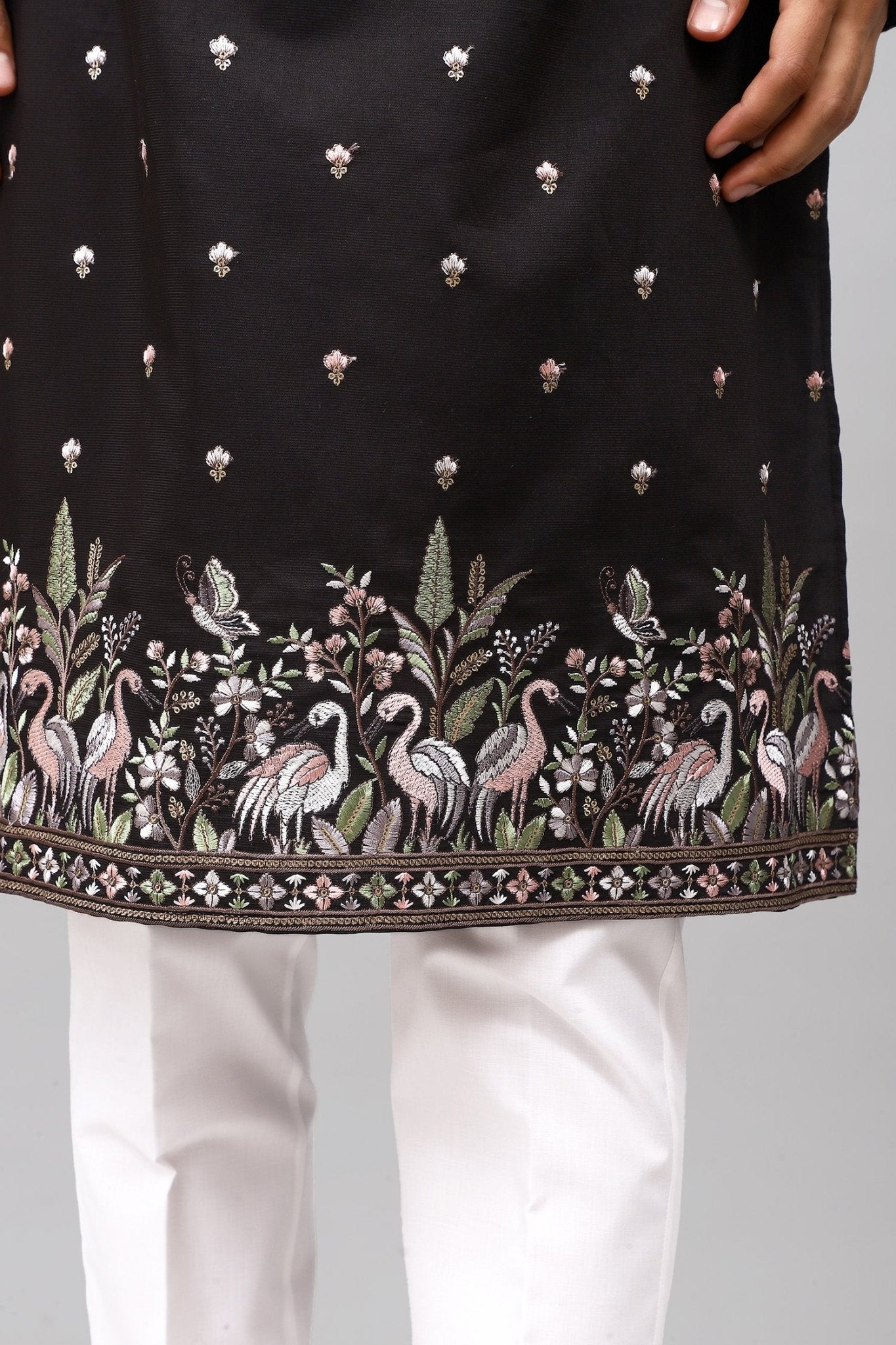 Bluesaanchi Phulkari Floral and Sequins Embroidered Kurta Set for Men Black Color | Swadesiicart