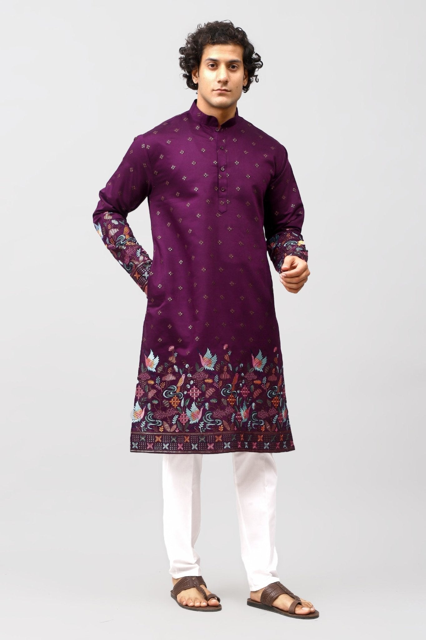 Bluesaanchi Phulkari Floral and Sequins Embroidered Kurta Set for Men Purple Color | Swadesiicart